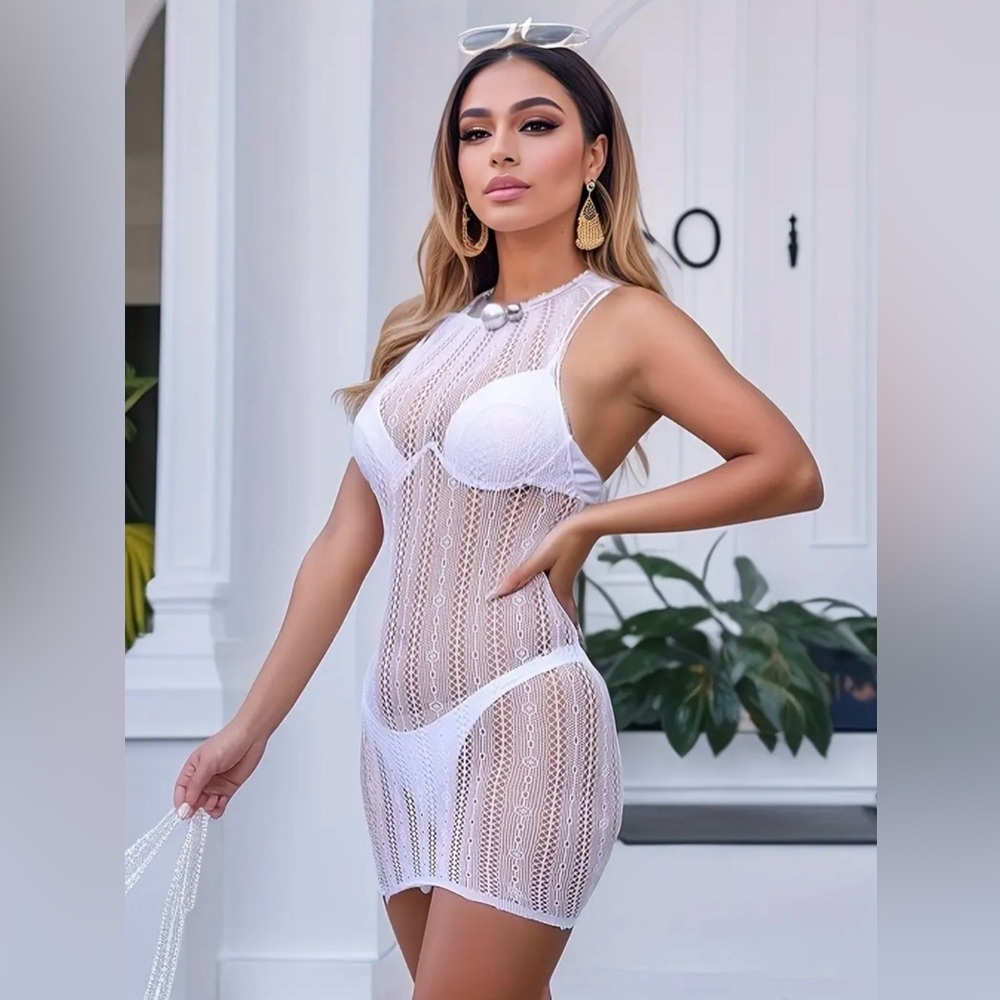 Brand New White Stretchy Sheer Sexy BodyCon Swim Cover Dress - Picture 5 of 12